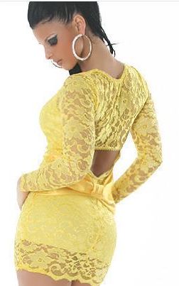 Elegant Sexy Backless Lace Dress - Yellow